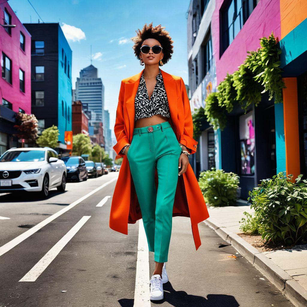 A fashionable person in a modern urban setting, showcasing a dynamic outfit that blends bold colors and contemporary patterns, radiating confidence and attitude. The background features a lively cityscape bursting with street art and greenery, symbolizing vibrancy and modern lifestyle. Include elements like stylish accessories and an upbeat posture to evoke a sense of excitement. glossy finish. vibrant colors. 3D.