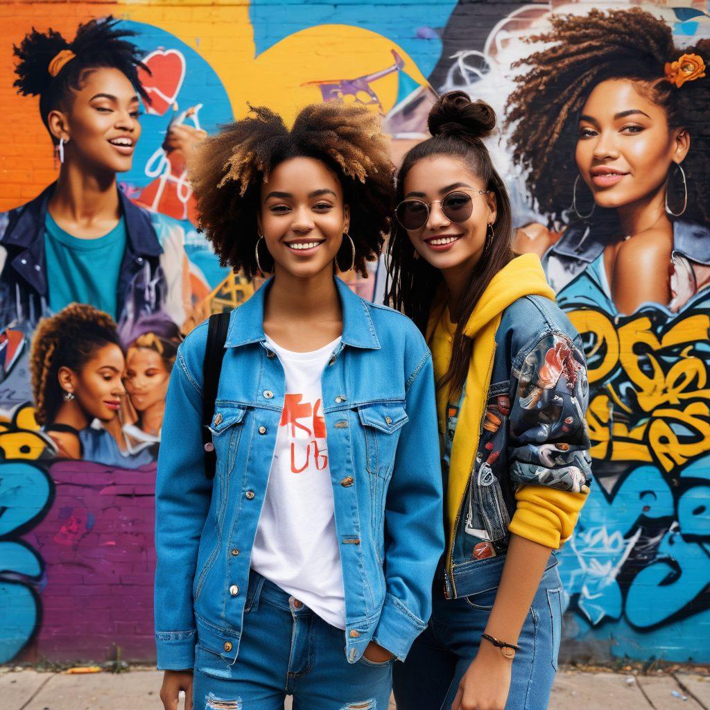 A dynamic collage showcasing young individuals expressing their unique styles through fashion, vibrant colors, and energetic poses. Include elements like trendy accessories, diverse hairstyles, and lively urban backgrounds filled with graffiti and street art to evoke a sense of youthfulness and creativity. Emphasize a carefree lifestyle with outdoor settings, laughter, and friendship. super-realistic. vibrant colors. urban background.