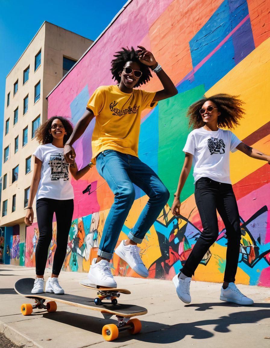 A vibrant scene showcasing energetic young people engaging in trendy activities such as skateboarding, dancing, and exploring fashion. The background features colorful street art and modern architecture, highlighting a lively urban environment. Include diverse individuals expressing joy and unity, and surround them with elements that symbolize culture like music notes and fashion accessories. bright colors. dynamic composition. modern aesthetic.